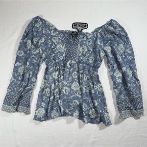 Angie Boho Flowy Long Sleeve V Notch Cut Floral Blue Blouse Size Large